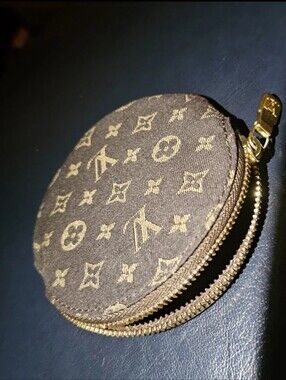 Louis Vuitton Mini Lin Brown Monogram Round Coin Pouch with Gold Hardwar